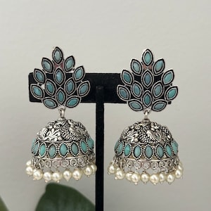 Oxidized earring oxidized jhumka jewelry/indian/boho oxidized indian jewelry/afgani/navratri diwali german silver festival red green punjabi