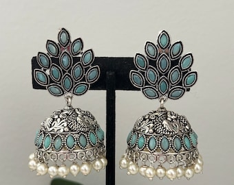 Geoxideerde oorbel geoxideerde jhumka-sieraden/indisch/boho geoxideerd Indiase sieraden/afgani/navratri diwali Duits zilverfestival rood groen punjabi