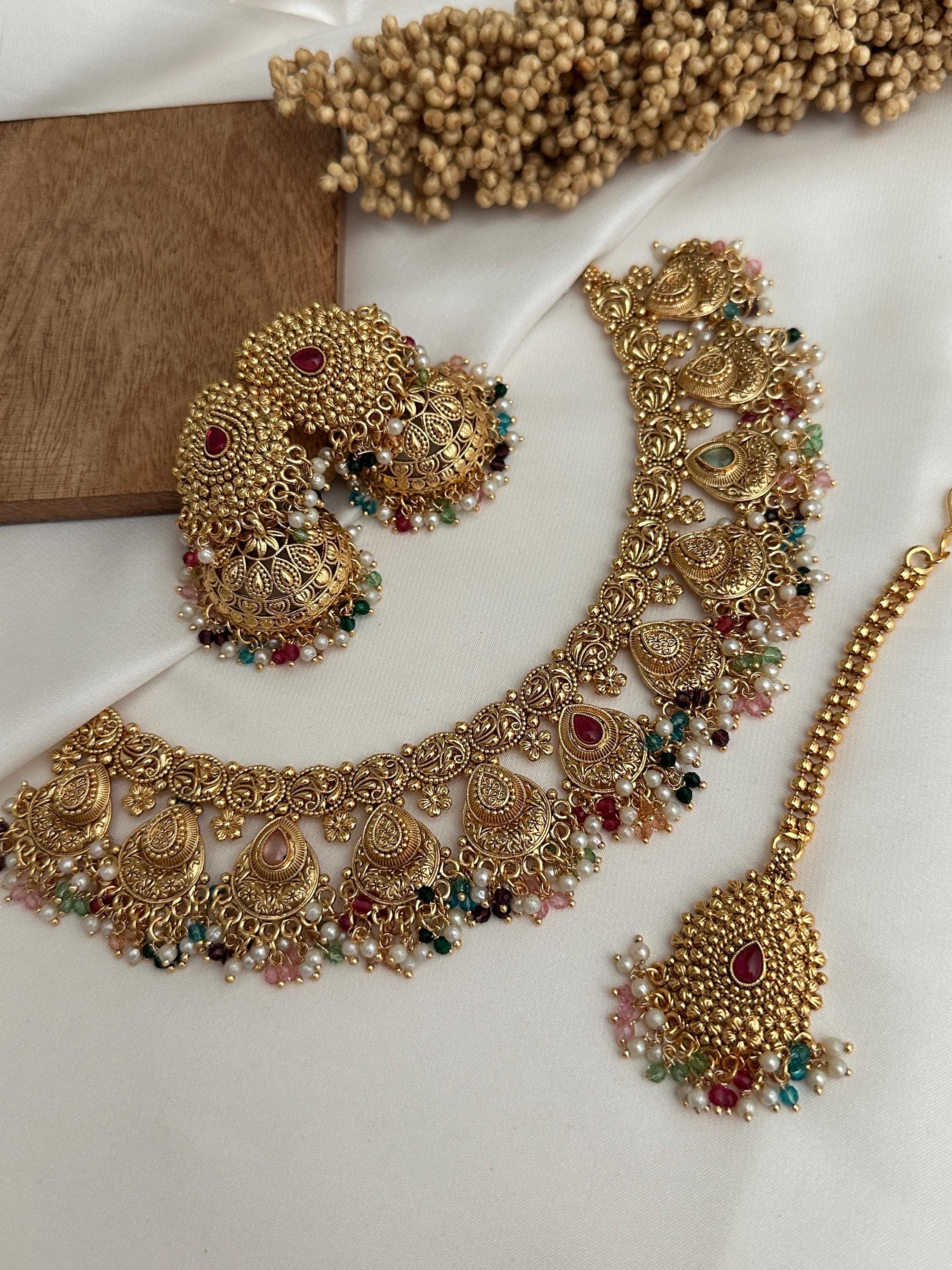 Indian Jewelry Set - Gold Plated Necklace Earrings Tikka