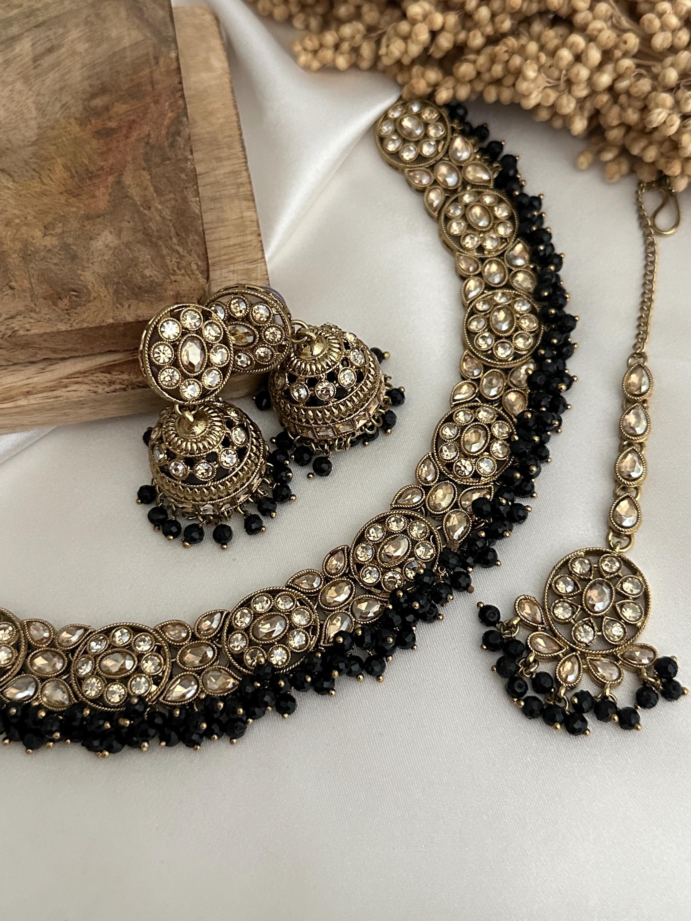 Lavender Gold Stone Necklace Jhumki Tikka Set/multicolor Indian