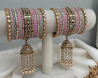 Pink x Mint mirror kundan bangles set/indian bangles/punjabi chuddis/metal bangle bangles/kadas/bracelet indian wedding Mehndi gajre bracele