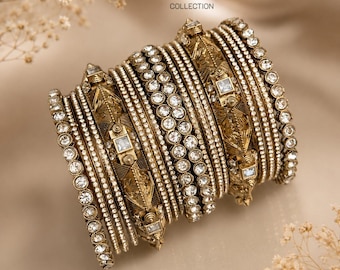 Gold Polki Mirror Bangles Set, Indian Punjabi Chuddis, Metal Diamond Bracelets Kadas