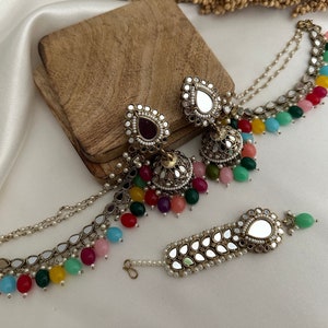 pearl stone finish jhumka tikka with bahubali sahara Kundan polki jhumka set/pachi kundan jewelry jewellery south indian gold pearl tyani multicolor