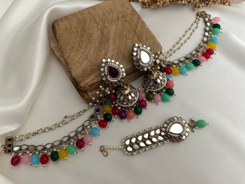 pearl stone finish jhumka tikka with bahubali sahara Kundan polki jhumka set/pachi kundan jewelry jewellery south indian gold pearl tyani multicolor