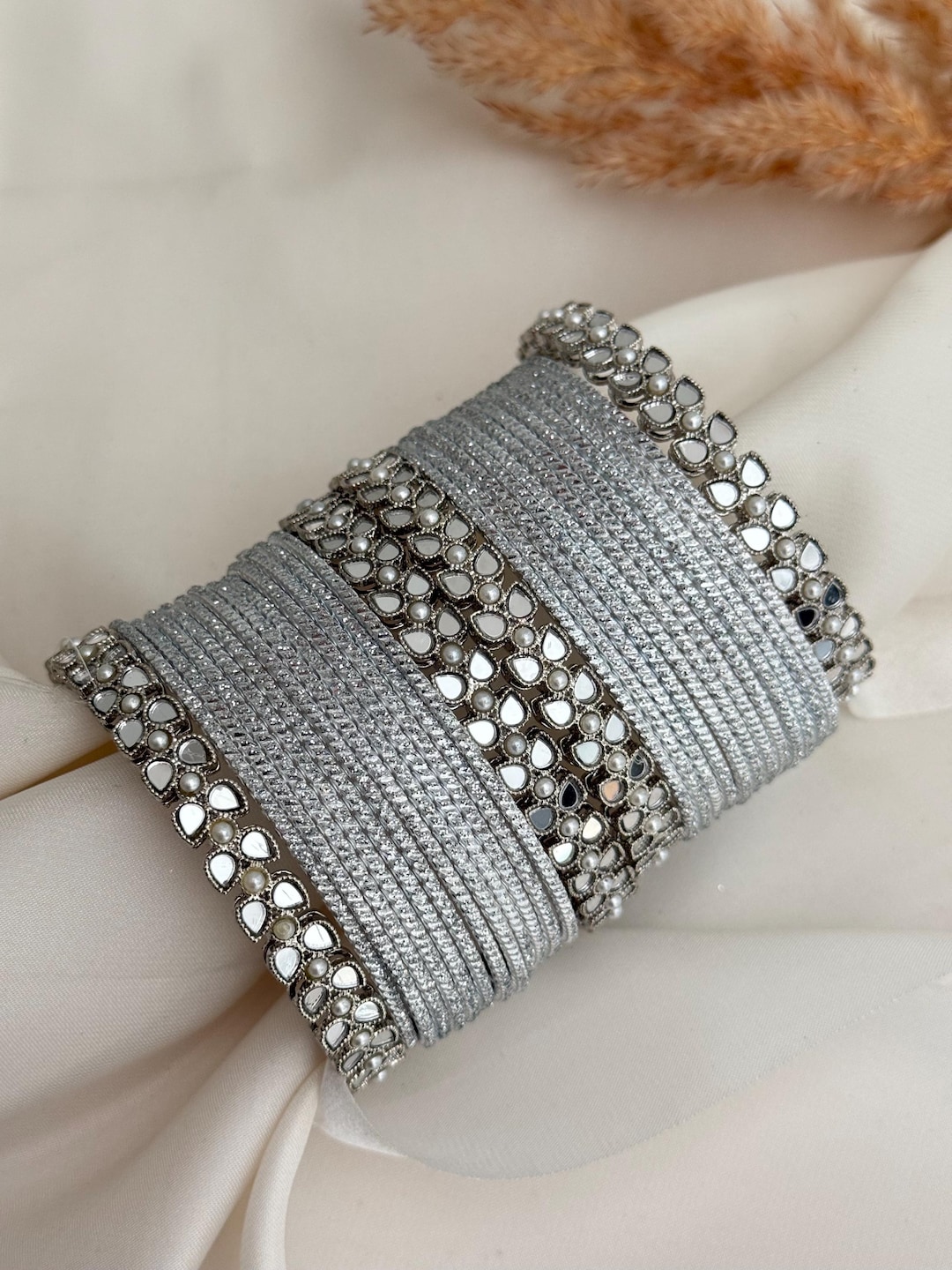 Silver Mirror Stone Indian Bangle Set: Punjabi Kadas Bracelet