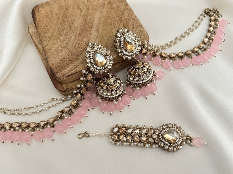 pearl stone finish jhumka tikka with bahubali sahara Kundan polki jhumka set/pachi kundan jewelry jewellery south indian gold pearl tyani baby pink