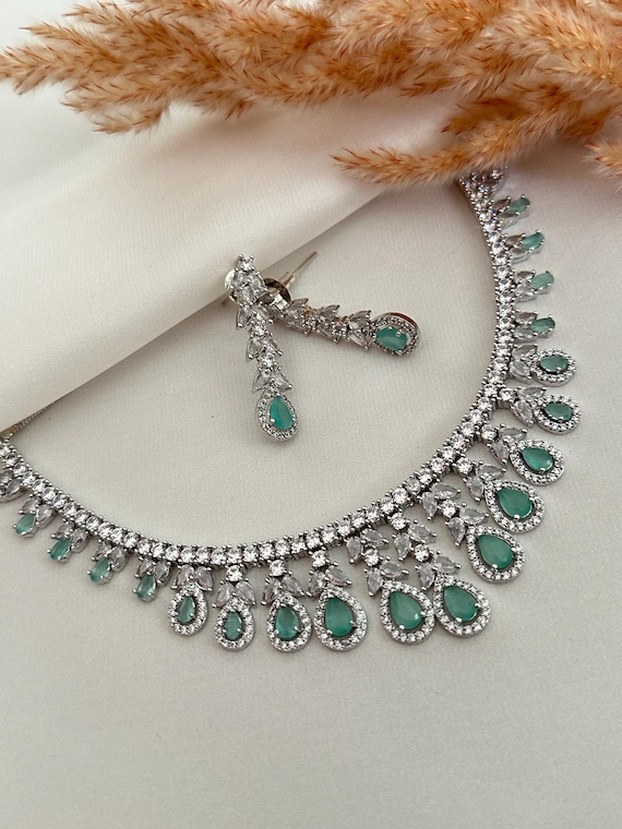 American Diamond Necklace Set/indian Jewelry Set/green AD Set