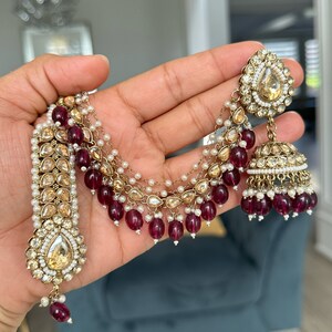 pearl stone finish jhumka tikka with bahubali sahara Kundan polki jhumka set/pachi kundan jewelry jewellery south indian gold pearl tyani wine pink