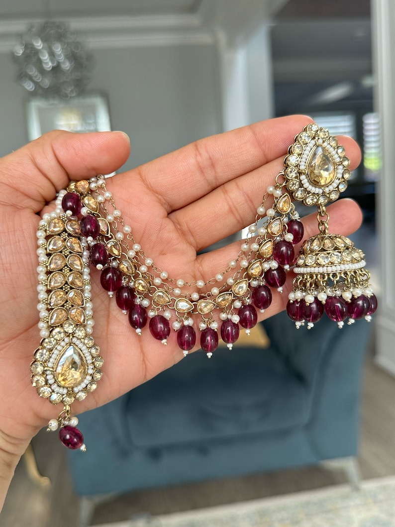 pearl stone finish jhumka tikka with bahubali sahara Kundan polki jhumka set/pachi kundan jewelry jewellery south indian gold pearl tyani wine pink