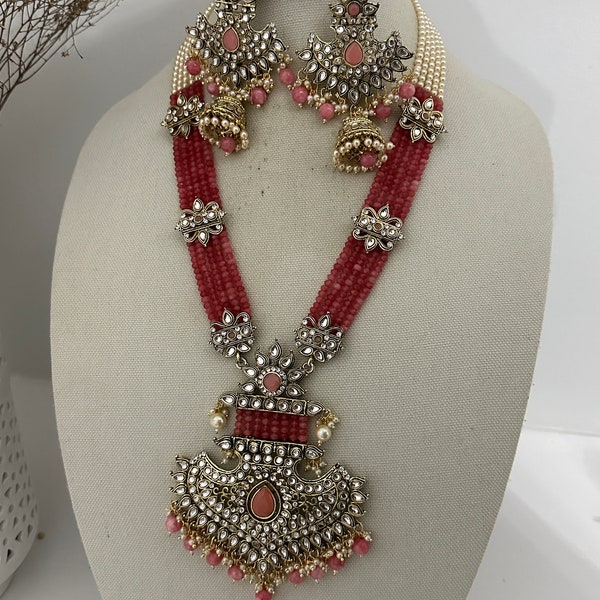 Gajri pink Long kundan Necklace rani haar Pachi Kundan kundan long necklace/rani haar long necklace/kundan rani haar jewellery indian beaded