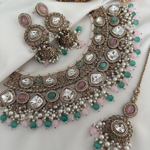 Pink blue Antique polka monalisa bridal Necklace earrings pachi Kundan set  /meenakari necklace set/kundan jewelry south indian gold punjabi