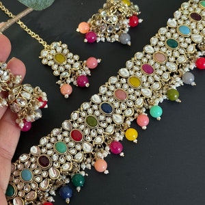 Pearl kundan choker jhumki tikka set/polki jewelry set/indian jewelry set/gold kundan green set/punjabi jewelry indian jewelry set choker