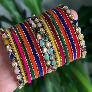Multicolor stone kade metal bangles se/indian bangles/punjabi bangles set,pink blue chuddis  /metal bangles/kadas/bracelet indian bracelets