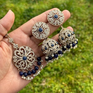 Pakistani hot pink stone tikka jhumka set/tikka set/green jhumka/pipple patti set green pink magenta jhumka tikka set punjabi indian jewelry