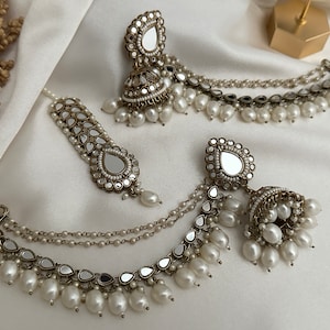 pearl stone finish jhumka tikka with bahubali sahara Kundan polki jhumka set/pachi kundan jewelry jewellery south indian gold pearl tyani image 2