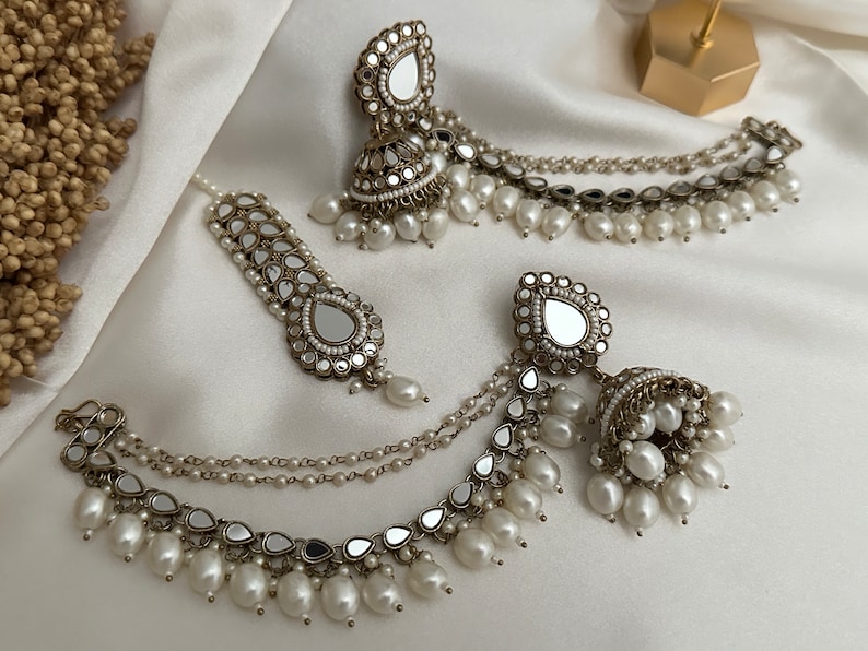 pearl stone finish jhumka tikka with bahubali sahara Kundan polki jhumka set/pachi kundan jewelry jewellery south indian gold pearl tyani image 2