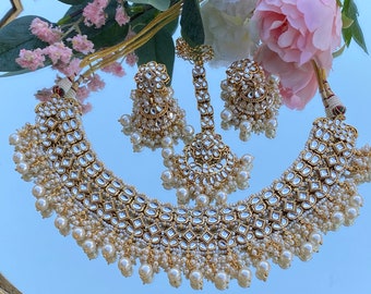 Set Gioielli Indiano Sposa &ndash; Choker Kundan Perla Oro &ndash; 7 Pezzi &ndash; Matrimonio/Cerimonia