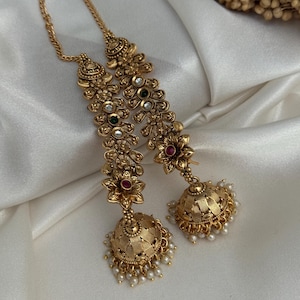 antik gold jhumki sahara kaan kette jhumka rubin grün kundan schmuck indische hochzeit gold look gleich ohrringe südindische ohrringe perle p