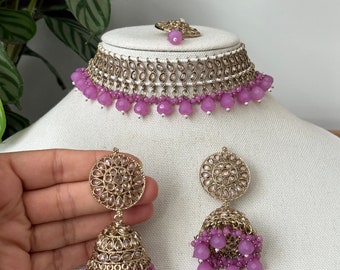 Polki lavender reverse choker tikka jhumka earrings/kundan jewelry/kundan jewellery/kundan choker set polki jewellery /kundan jewelry set