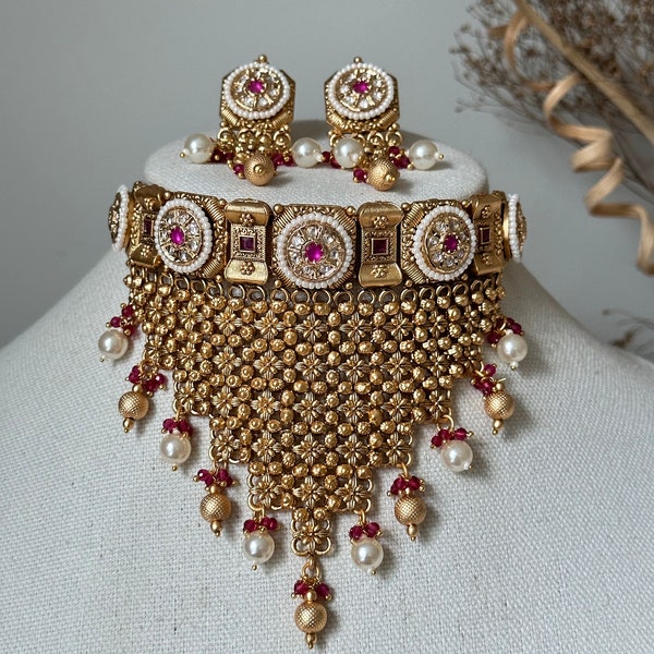 Antique gold choker matte finish Kundan polki set kundan necklace set/pachi kundan jewelry  jewellery south indian gold pearl tyani choker