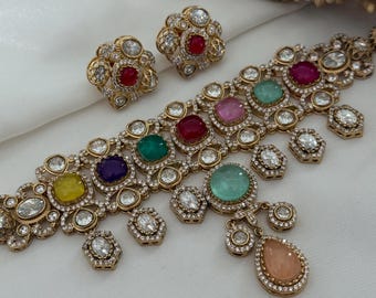 Multicolor Tyani Choker Necklace Set with Earrings – Kundan Pachi AD Jewelry