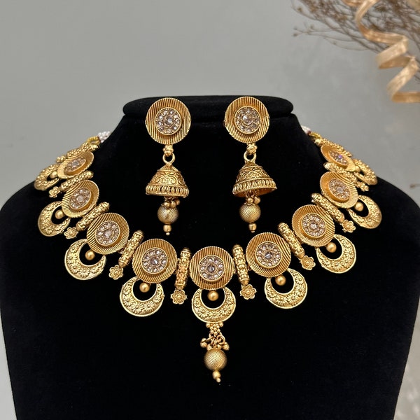 Antique gold choker Necklace Kundan polki set kundan necklace set/pachi kundan jewelry  jewellery south indian gold pearl mirror choker