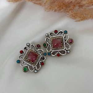 Victorian diamond studs Multicolor  earrings  indian wedding necklace punjabi jewellery south indian gold  jewelry sabyasachi inspired