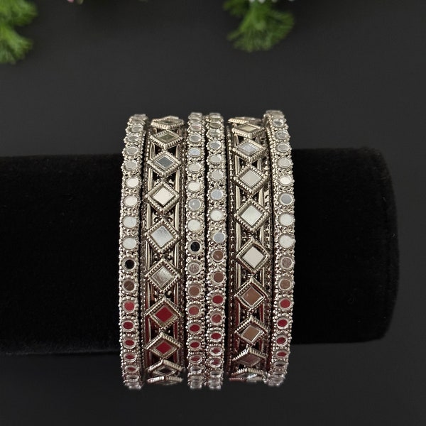 Silver mirror kade bangles/indian bangles/punjabi bangles set silver mirror chuddis/metal bangles/metal bangles/kadas/bracelet indian