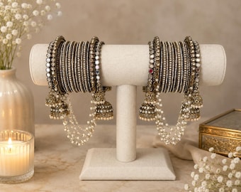 Brazaletes de oro polki con espejo/brazaletes indios/conjunto de brazaletes punjabi, chuddis de metal con diamantes y piedras, brazaletes de oro/pulseras indias/kadas/brazaletes