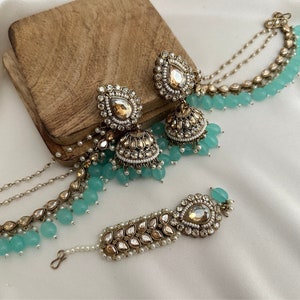 pearl stone finish jhumka tikka with bahubali sahara Kundan polki jhumka set/pachi kundan jewelry jewellery south indian gold pearl tyani turquoise