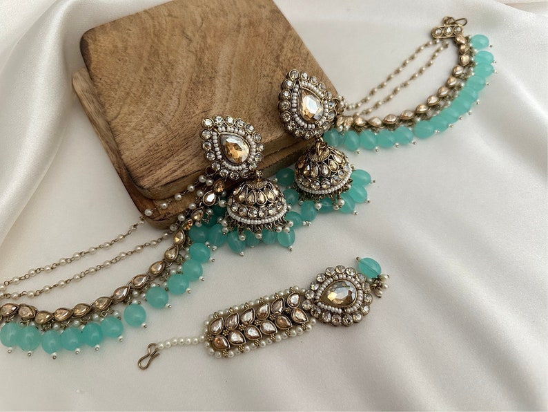pearl stone finish jhumka tikka with bahubali sahara Kundan polki jhumka set/pachi kundan jewelry jewellery south indian gold pearl tyani turquoise