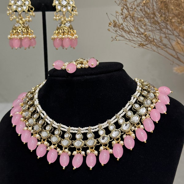 pearl pink  kundan choker jhumka tikka set/kundan jewelry set/indian jewelry set/kundan jhumka set/punjabi jewelry indian jewelry set choker
