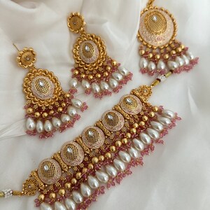Pink And White Kundan Choker With Jhumki Earrings