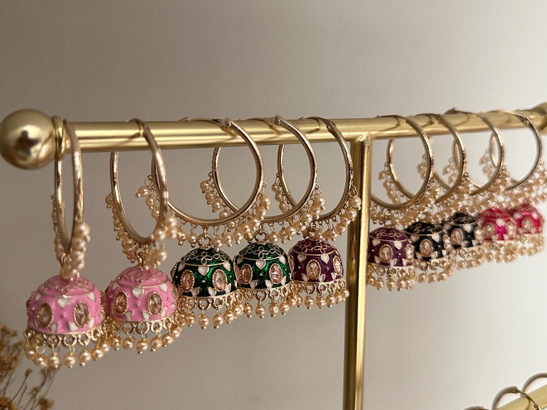 tazoricollection Pink x Mint Balli walliya/indian Jewelry set/punjabi Jewelry set/walliya jhumka/imitation Jewellery set/punjabi Jewelry Jhumka Kundan Pachi, image size:1080x810