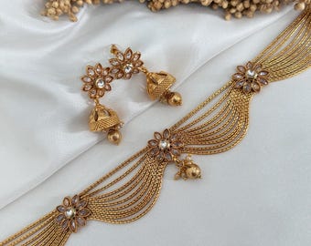 Guld Kundan Choker Halsband med Jhumki Örhängen: Indiska Polki Smycken