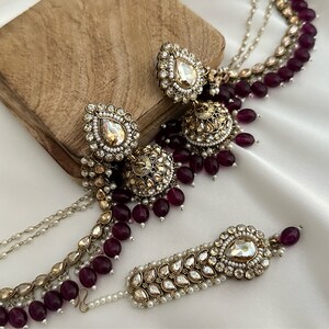 pearl stone finish jhumka tikka with bahubali sahara Kundan polki jhumka set/pachi kundan jewelry jewellery south indian gold pearl tyani image 9