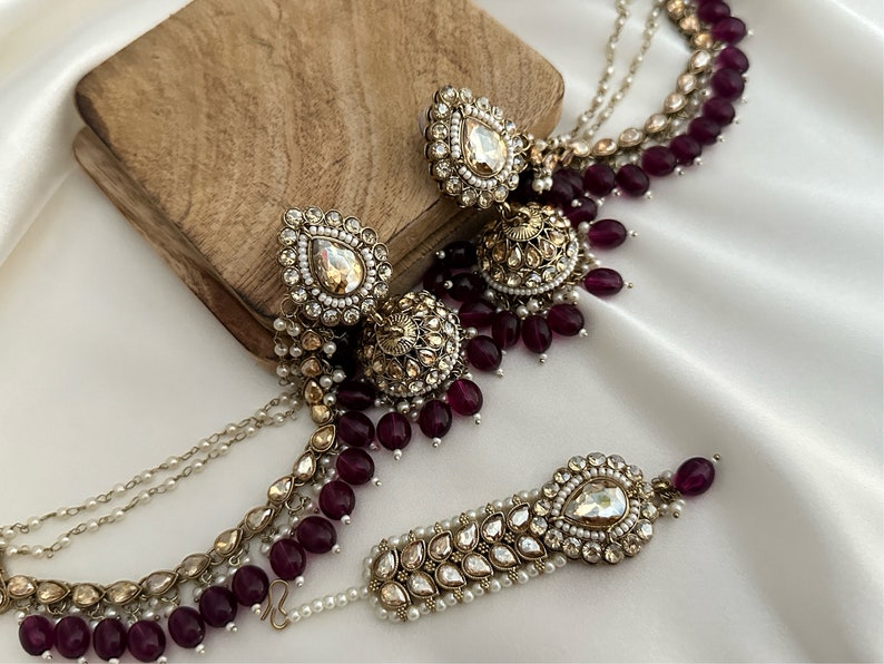 pearl stone finish jhumka tikka with bahubali sahara Kundan polki jhumka set/pachi kundan jewelry jewellery south indian gold pearl tyani image 9