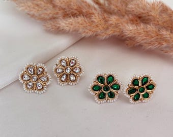 Pearl kundan stud style earrings set green emerald /indian wedding jewellery/punjabi jewelry/ earrings mirror kundan uncut  kundan jewelry