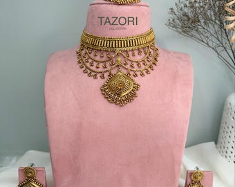 Gouden imitatie choker echt goud look set oorbellen Tikka Indiase bruiloft ketting Punjabi sieraden Zuid-Indiase gouden tempel sieraden bruids se