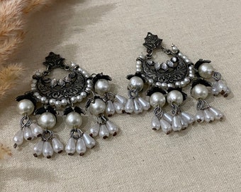 Oxidized pearl chandbali earrings/lightweight oxidized earrings/Oxidized jewelry /afgani jewelry/afgani silver earrings