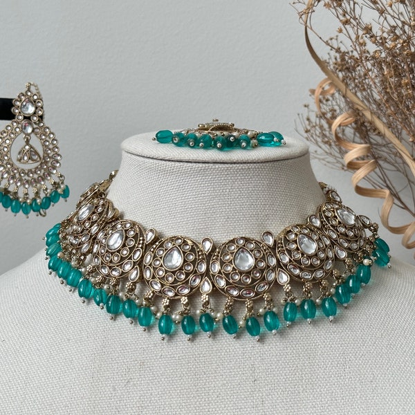 Aqua green kundan set earrings tikka set /Indian jewellery/punjabi jewelry/earrings tikka teal necklace set/kundan set teal green kundan set