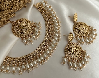 Collier en or avec perles d'imitation Kundan polki, clou tikka, collier de mariage indien, bijoux punjabi, bijoux de temple en or de l'Inde du Sud, bijoux de mariée