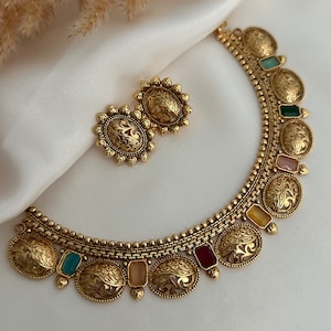 Antique gold Necklace Kundan polki set kundan necklace set/pachi kundan jewelry  jewellery south indian gold multicolor mirror choker desi