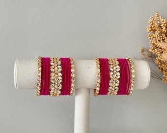 Ensemble de bracelets joncs kundan kade/indiens/punjabi, chuddis multicolores/bracelets en métal/joncs en métal/kadas/bracelet indien/frange rose