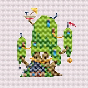 May include: A green treehouse with multiple levels and windows, a small brown house at the base, and a yellow flag on top.