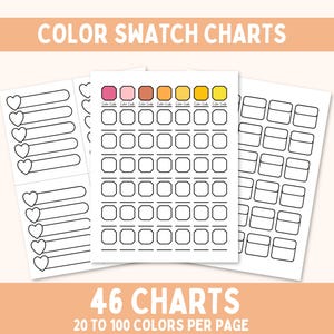 May include: Three white paper sheets featuring black outlines for color swatches. The center sheet displays seven colored octagons at the top with the text Color Code below each, followed by a grid of empty squares. The text COLOR SWATCH CHARTS 46 CHARTS 20 TO 100 COLORS PER PAGE appears in white on peach bars.