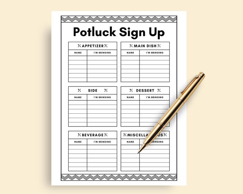 Potluck Sign up Sheet Printable, Potluck Party Sign up Form, Office ...