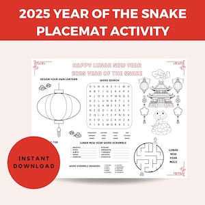 2025 Lunar New Year Kids Activity Placemat, Year of the Snake, Chinese New Year Party, Classroom Activity, Coloring Page for Children