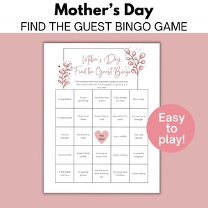 Mother&#39;s Day Bingo, Mothers Day Party Mix and Mingle, Mother&#39;s Day Brunch Activity, Mother Day Luncheon, Find the Guest, Icebreaker, Mom,Mum