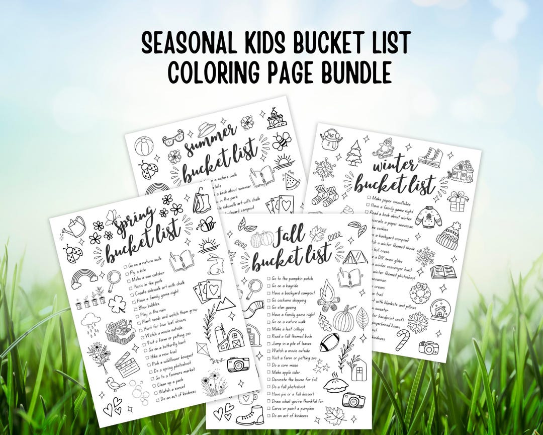 Kids Seasonal Bucket List Coloring Pages Bundle, Spring Summer Fall ...